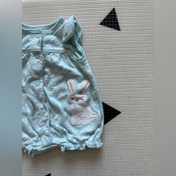 Carter's|Baby girl mint blue button down bubble romper in floral & bunny print• - Picture 1 of 4